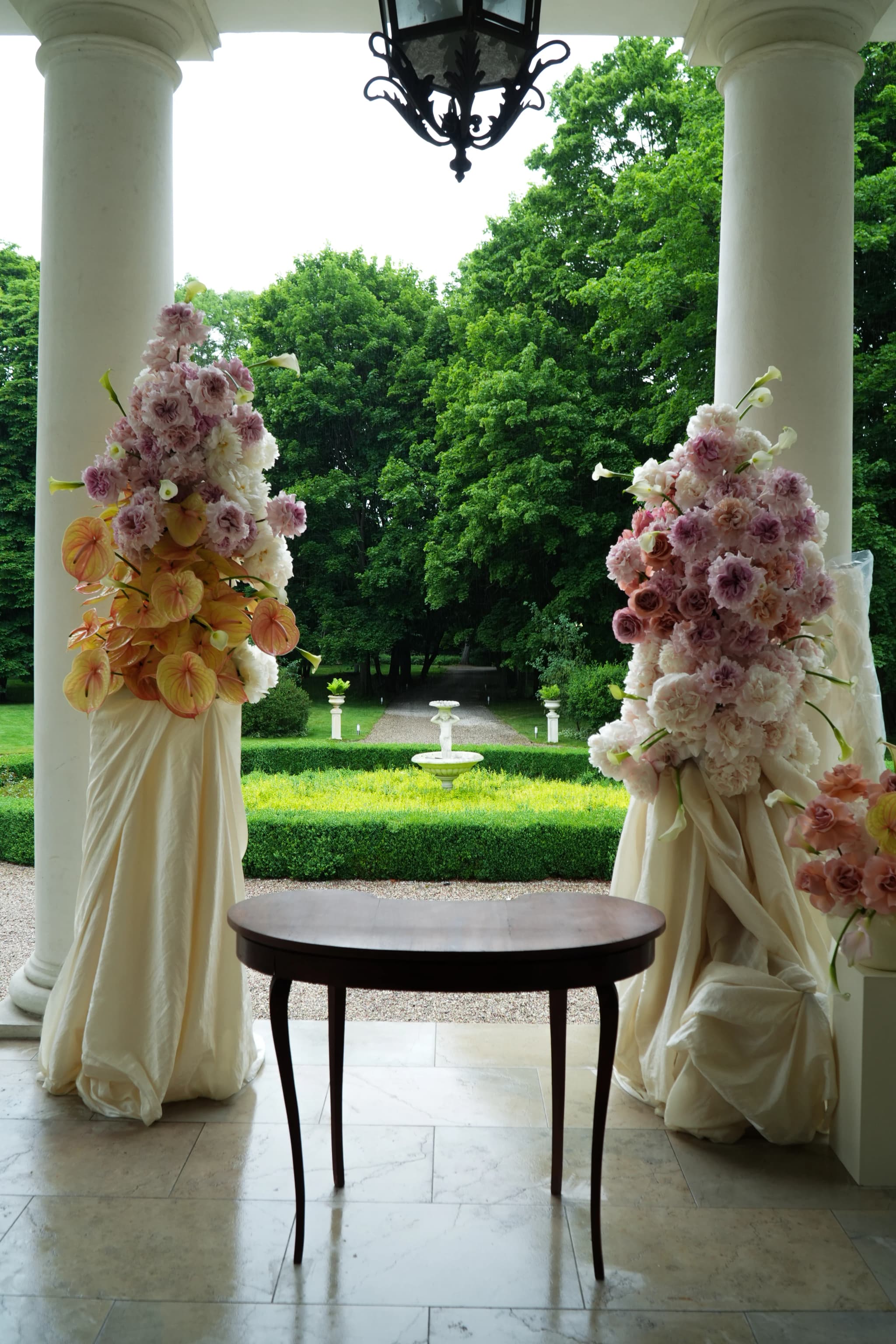 Palace terrace with flower arrangements