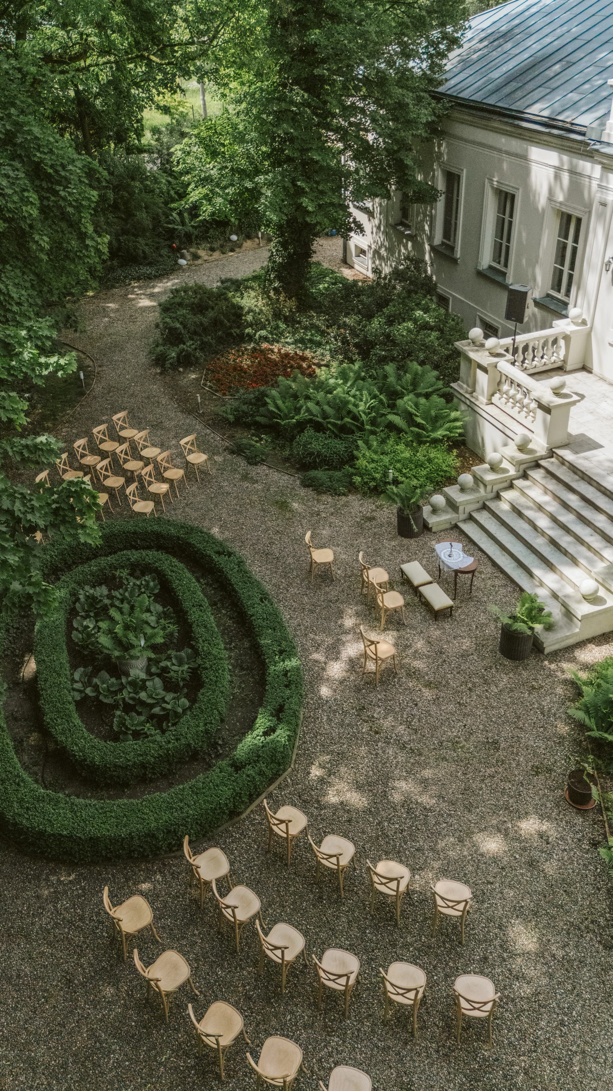 Aerial view of palace garden ceremony